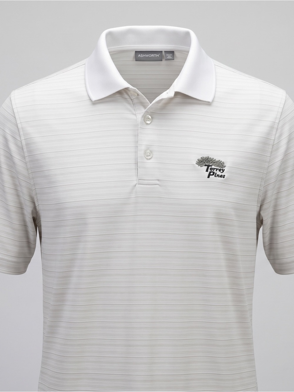 Torrey Pines Course Ashworth White Subtle Stripe Short Sleeve Golf Polo